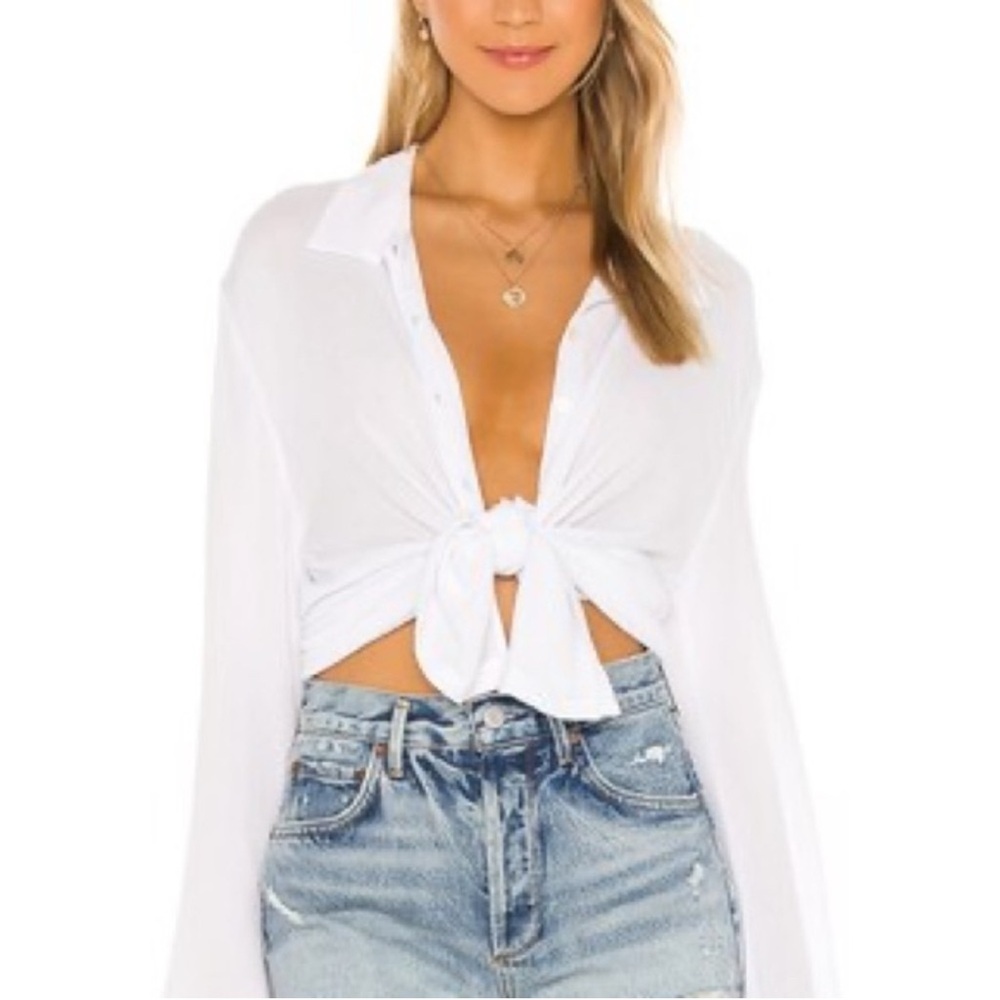 Express White Long Sleeve Tie Front Button Down Shirt s